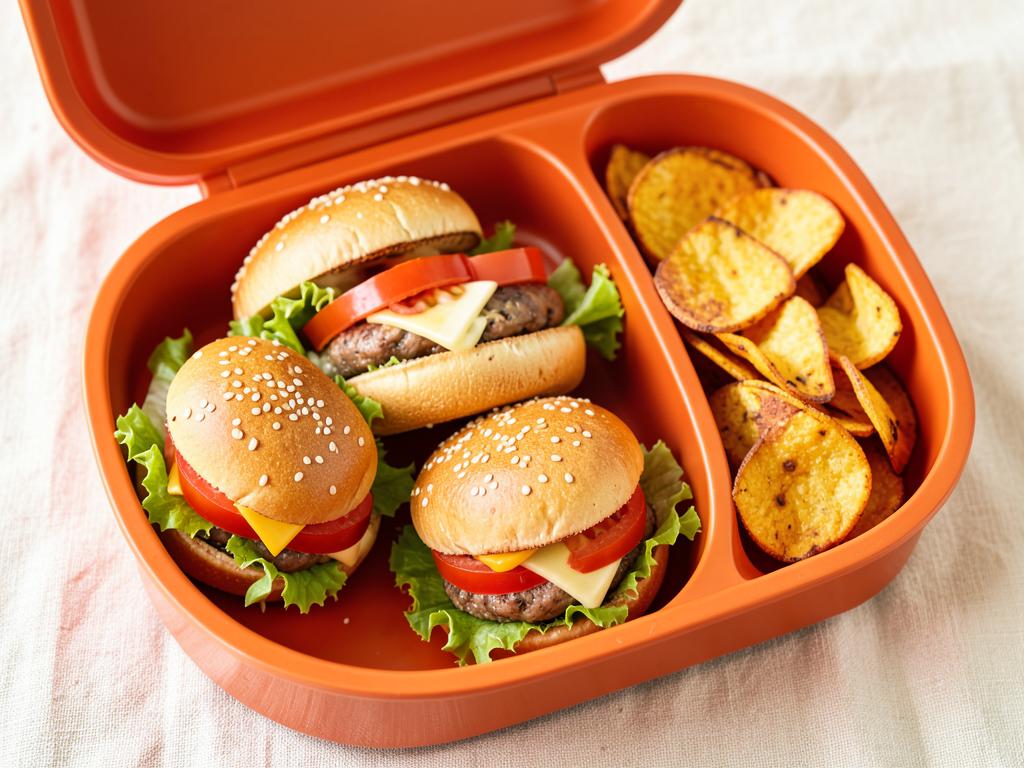 Lonchera energética con mini hamburguesas y chips de camote