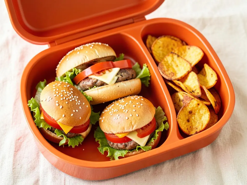 Lonchera energética con mini hamburguesas y chips de camote