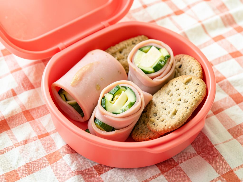 Lonchera salada con rollitos de jamón, queso y crackers integrales