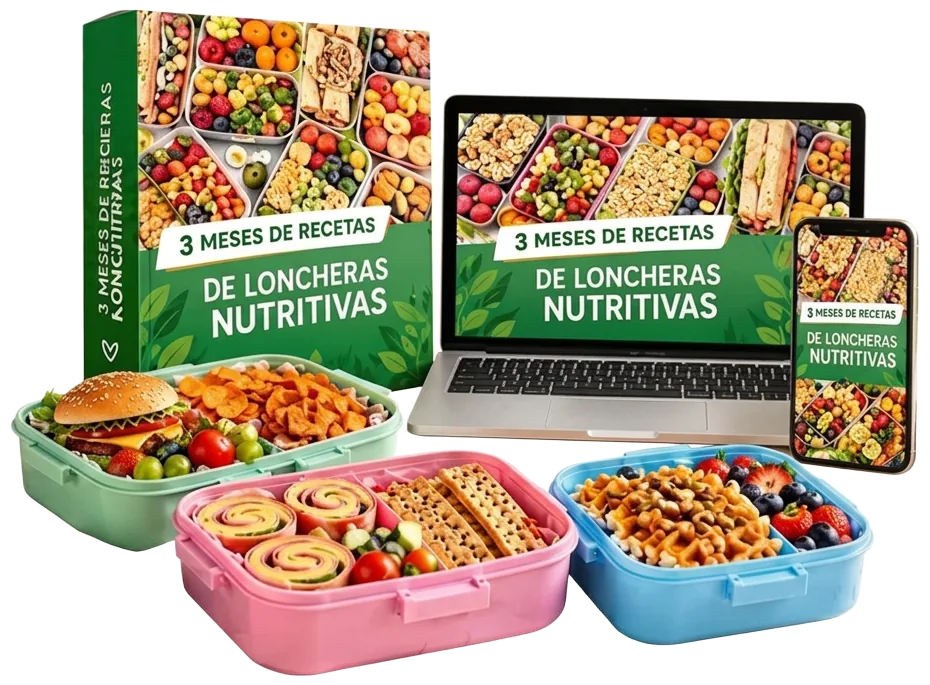 Ebook 3 Meses de Recetas de Loncheras Nutritivas en libro, laptop y teléfono junto a loncheras preparadas