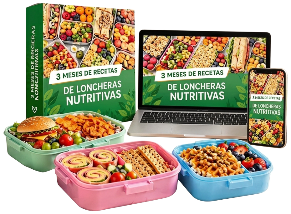 Ebook 3 Meses de Recetas de Loncheras Nutritivas en libro, laptop y teléfono junto a loncheras preparadas